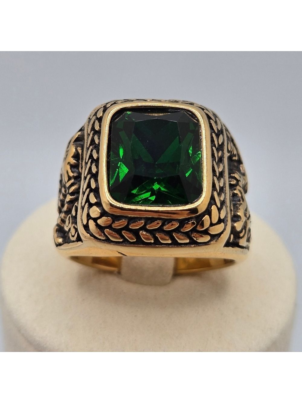 Stainless Steel Gold-Tone Dragon Green Stone Men Ring Size 9